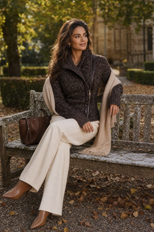 Chaqueta Punto Marrón Cremallera Asimétrica
