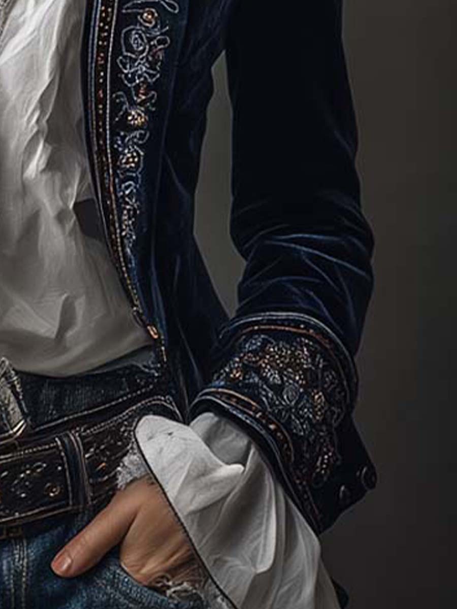 Chaqueta Terciopelo Azul Marino Bordado Floral