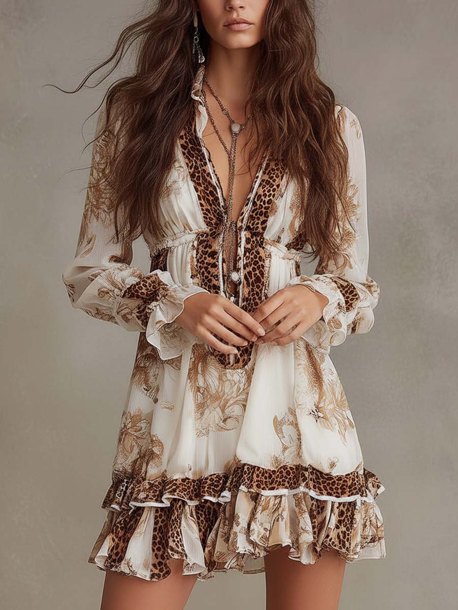 Vestido Mini Crema Boho Estampado Volante