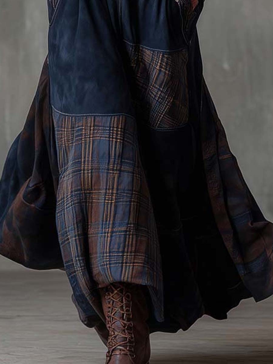 Vestido Maxi Azul Marino Ante Patchwork Cuadros