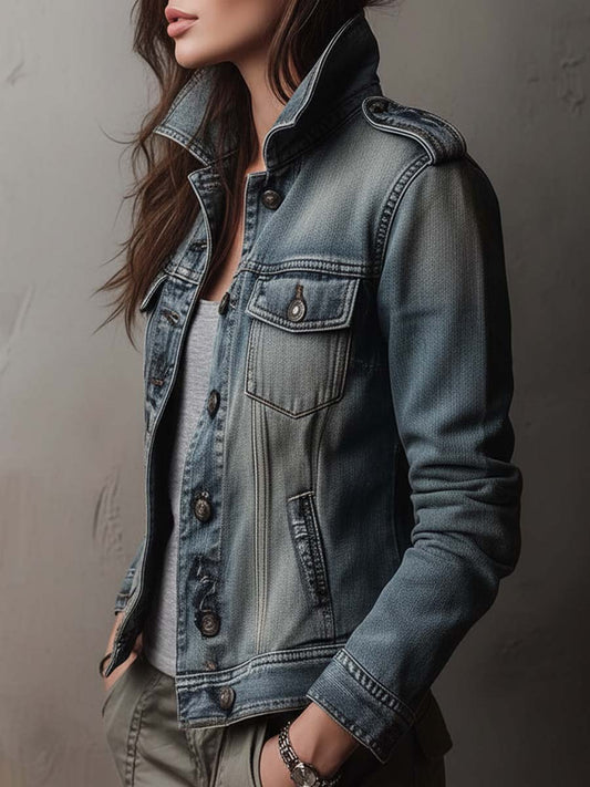Chaqueta Denim Desgastada Hombreras Militares