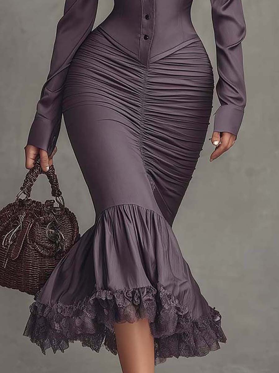 Vestido Midi Malva Sirena Encaje Fruncido