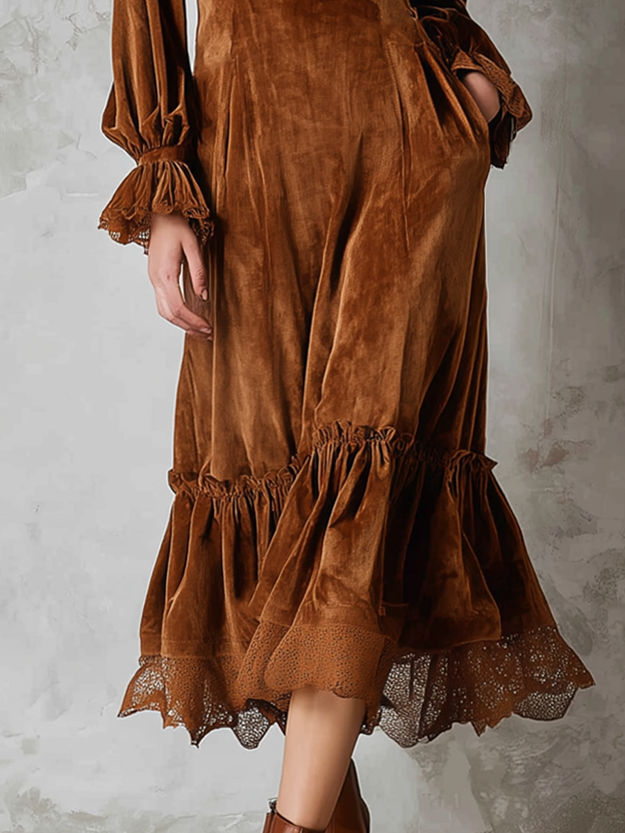 Vestido Midi Marrón Terciopelo Encaje Cuello Volante
