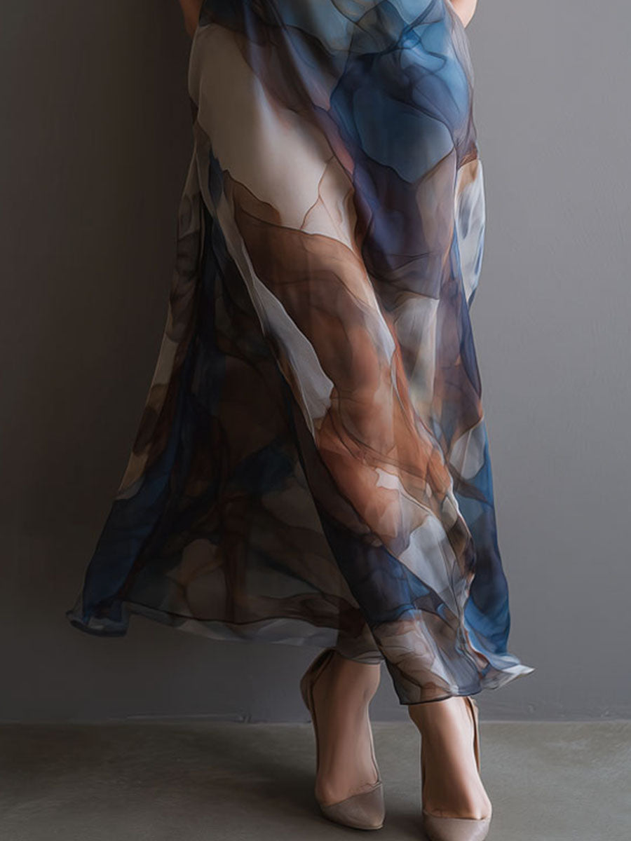 Vestido Maxi Chiffon Azul Estampado Acuarela Retro