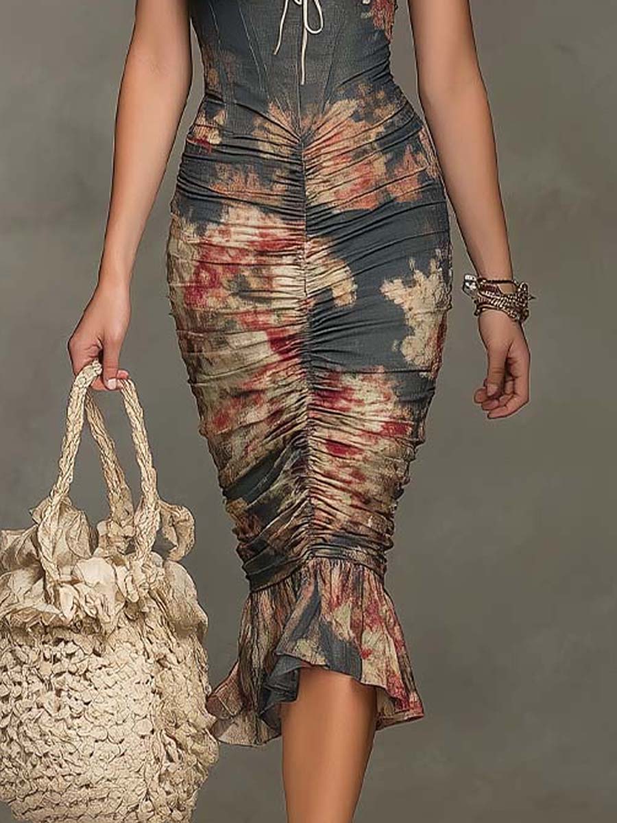 Vestido Midi Boho Satén Floral Halter Fruncido