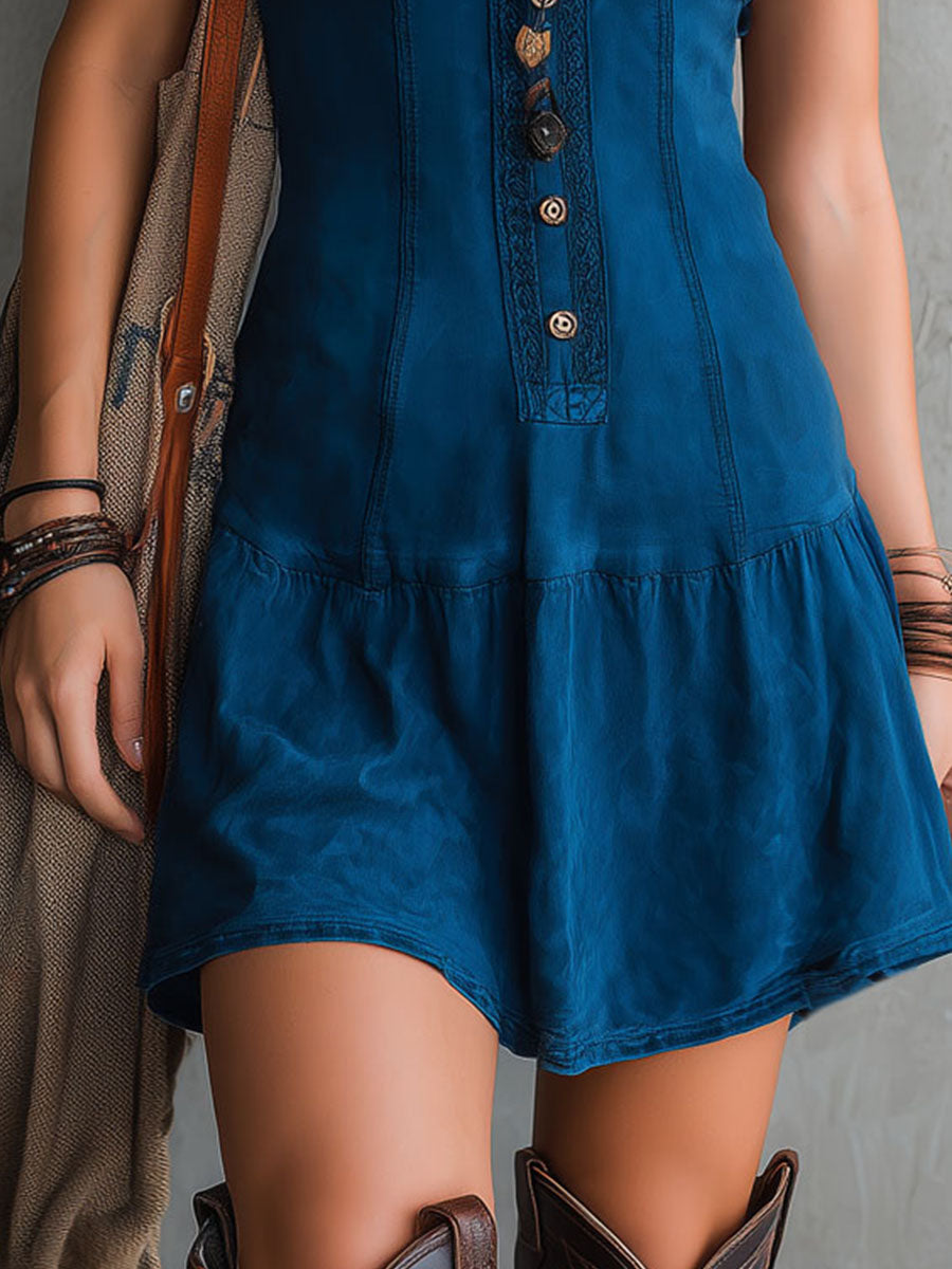 Vestido Mini Índigo Boho Bordado Botones