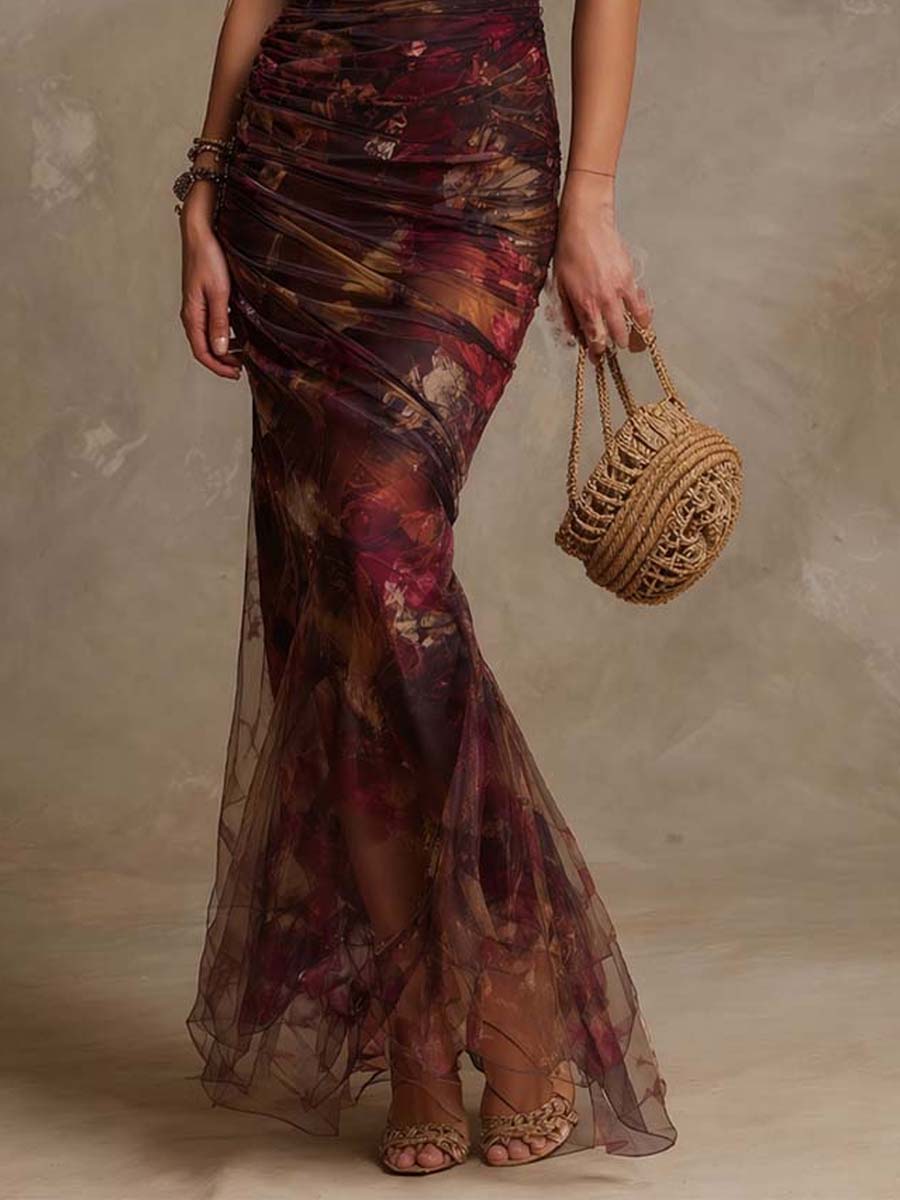 Vestido Maxi Morado Floral Malla Hombros Descubiertos
