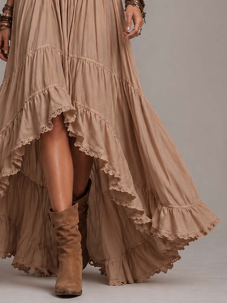 Vestido Maxi Boho Caqui Corsé Halter Escalonado