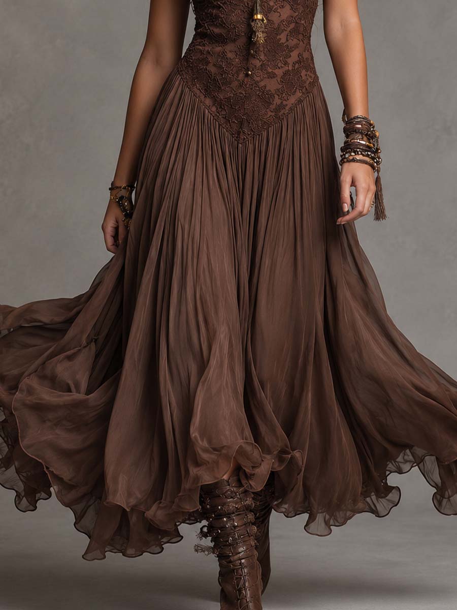 Vestido Maxi Marrón Oscuro Encaje Corsé Chiffon