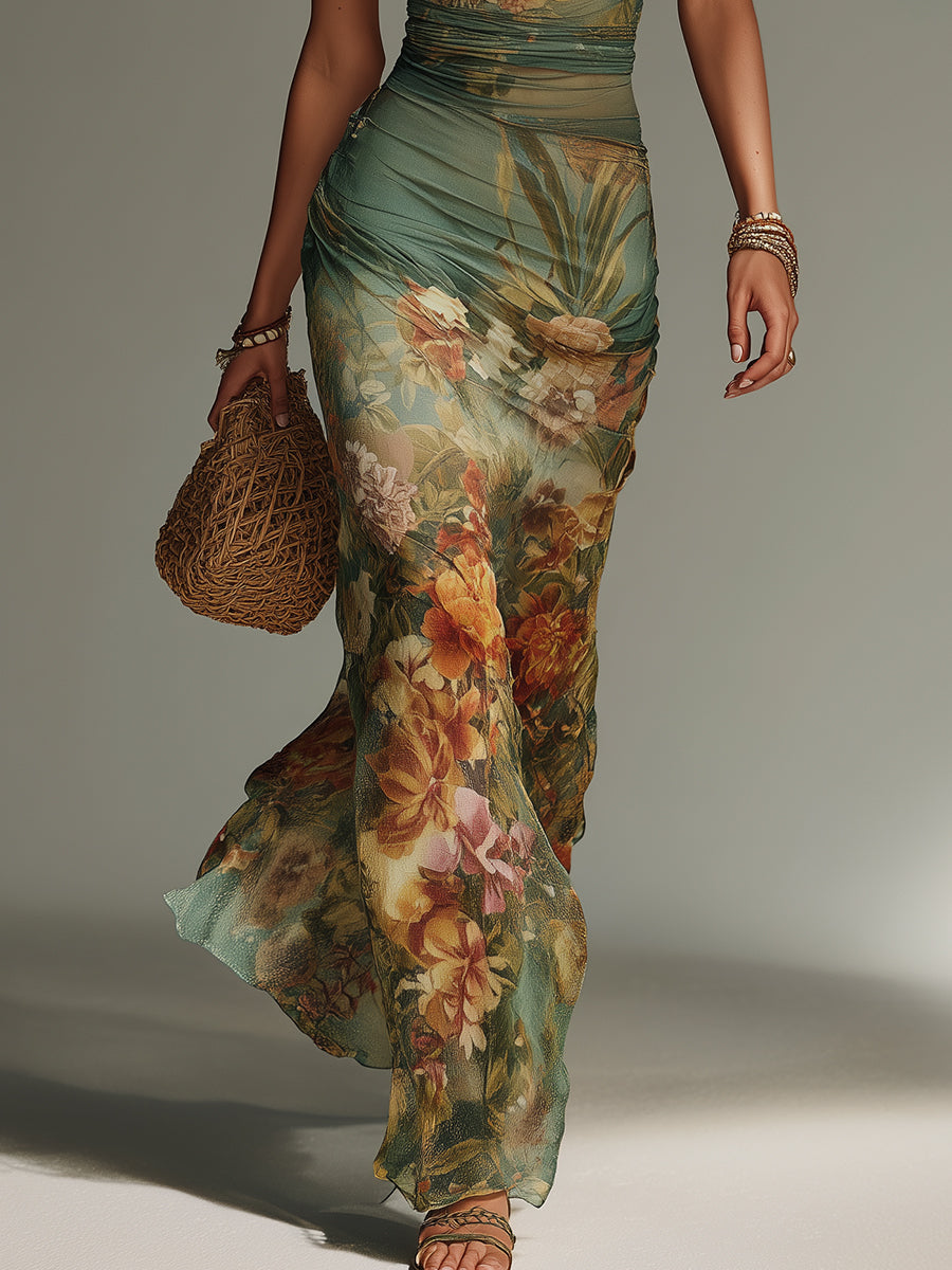 Vestido Maxi Verde Musgo Estampado Pintura Malla