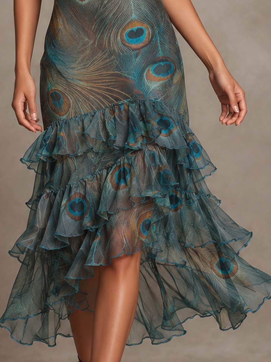 Vestido Midi Chiffon Verde Azulado Halter Volantes