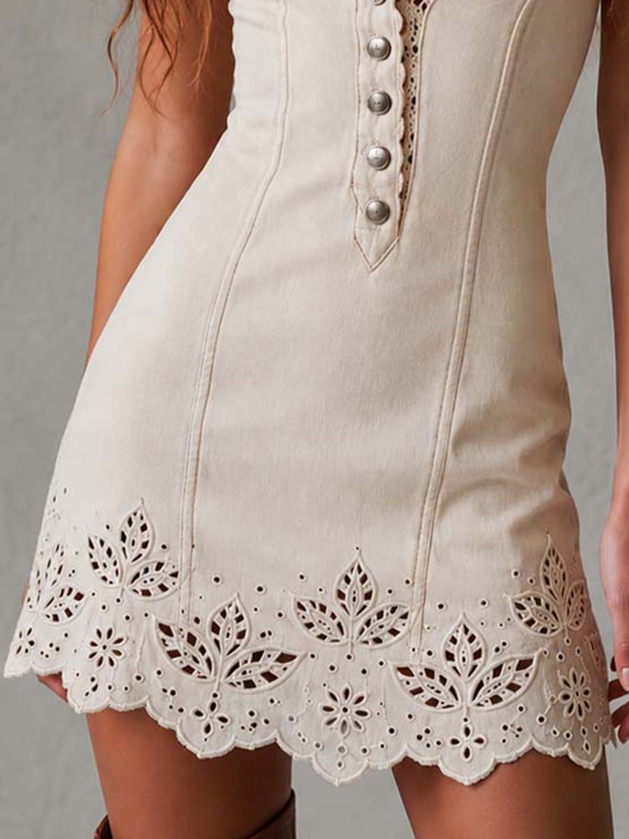 Vestido Mini Algodón Marfil Bordado Calado