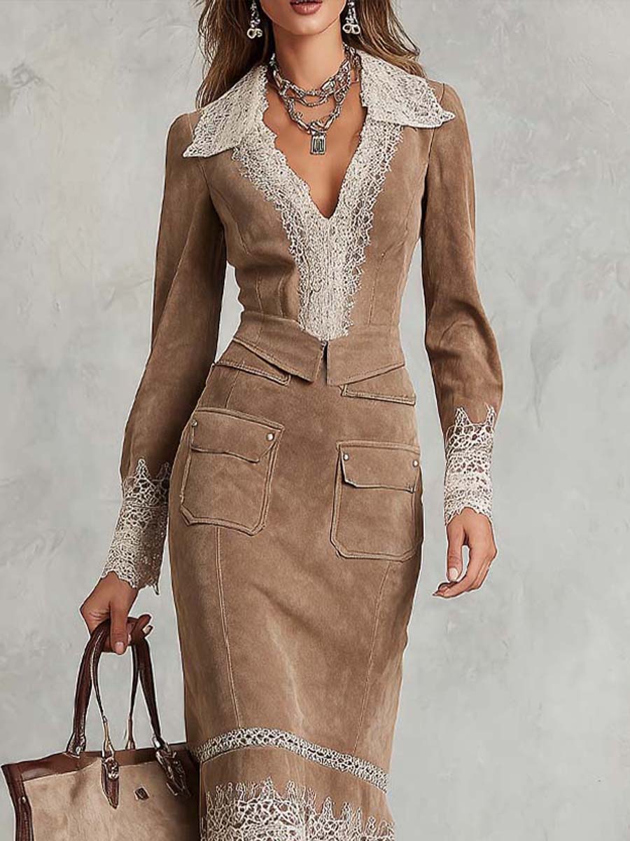 Vestido Midi Caqui Ante Encaje Mangas Largas