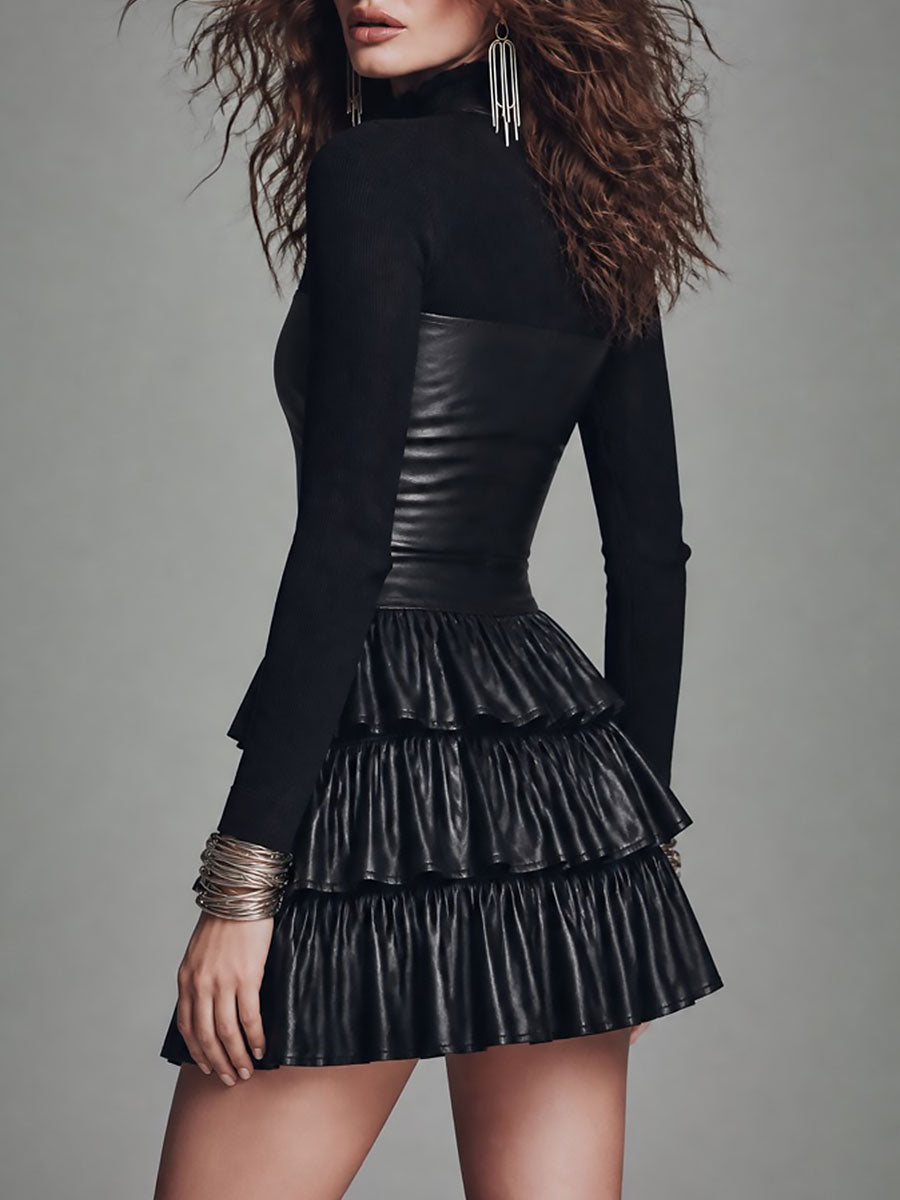 Vestido Mini Negro Piel Boho Mangas Volante