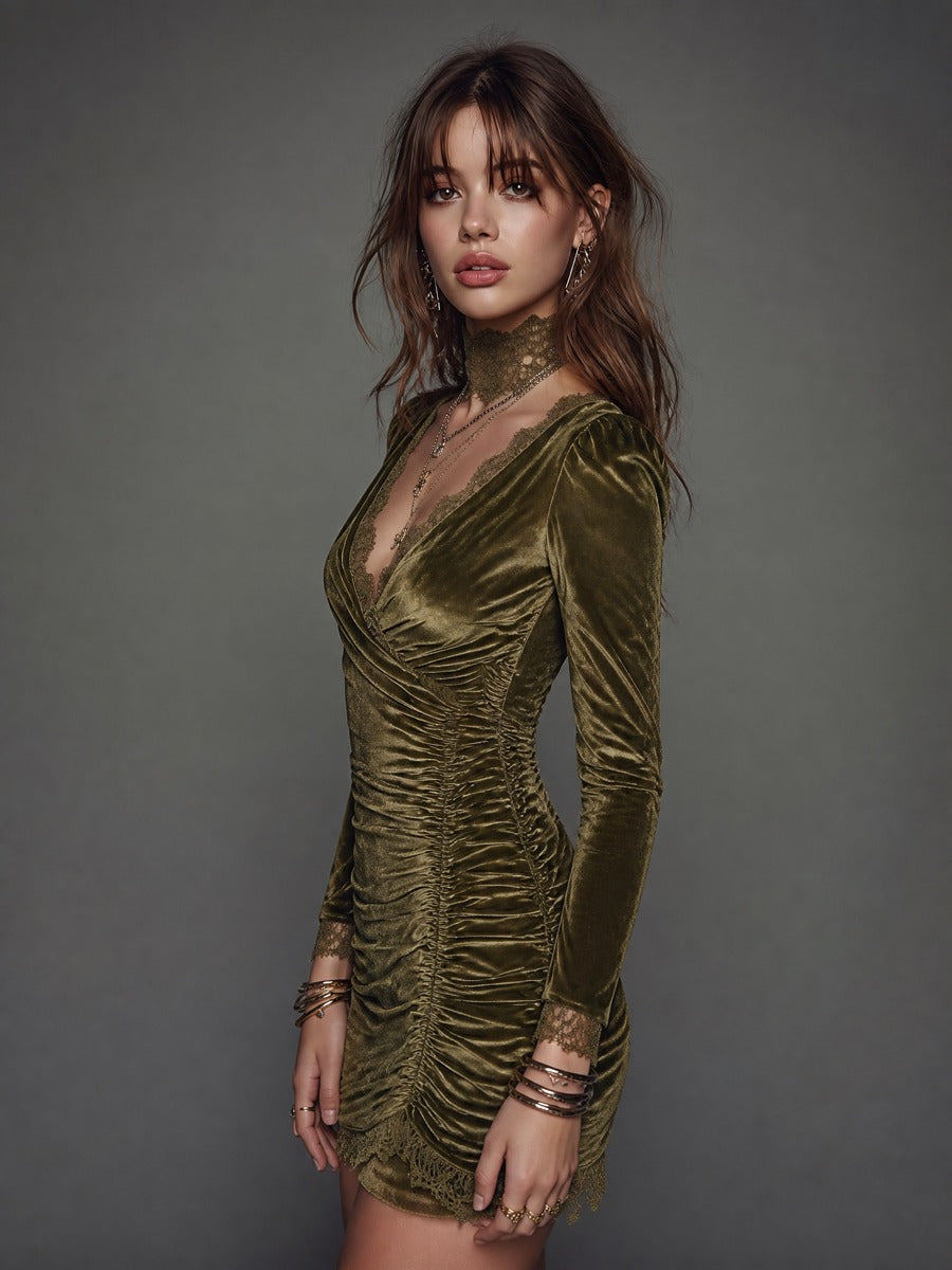 Vestido Mini Terciopelo Verde Oliva Cruzado Encaje Bodycon