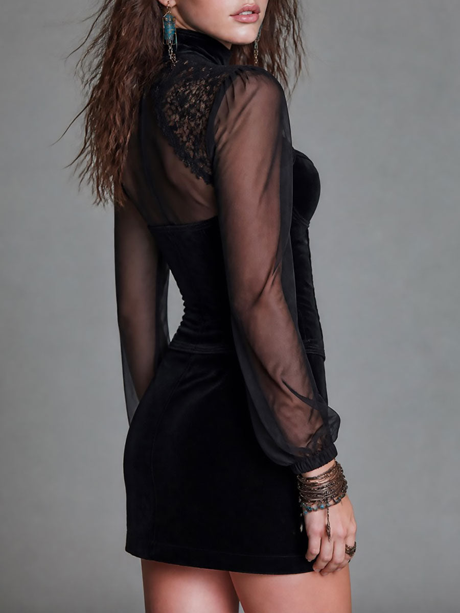 Vestido Mini Ante Negro Encaje Mangas Largas Abertura