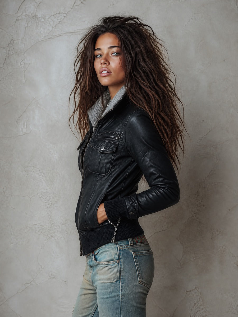Chaqueta Bomber Negra Cuello Punto Contraste