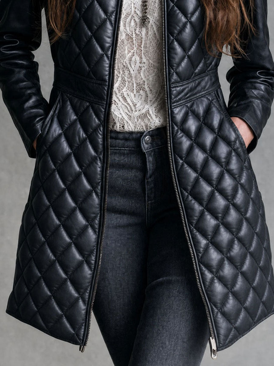 Abrigo Piel Negro Acolchado Cuello Mao
