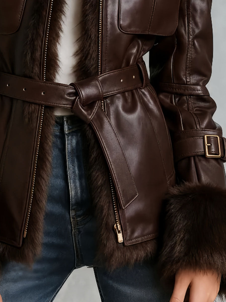 Chaqueta Piel Chocolate Cuello Pelo Cinturón