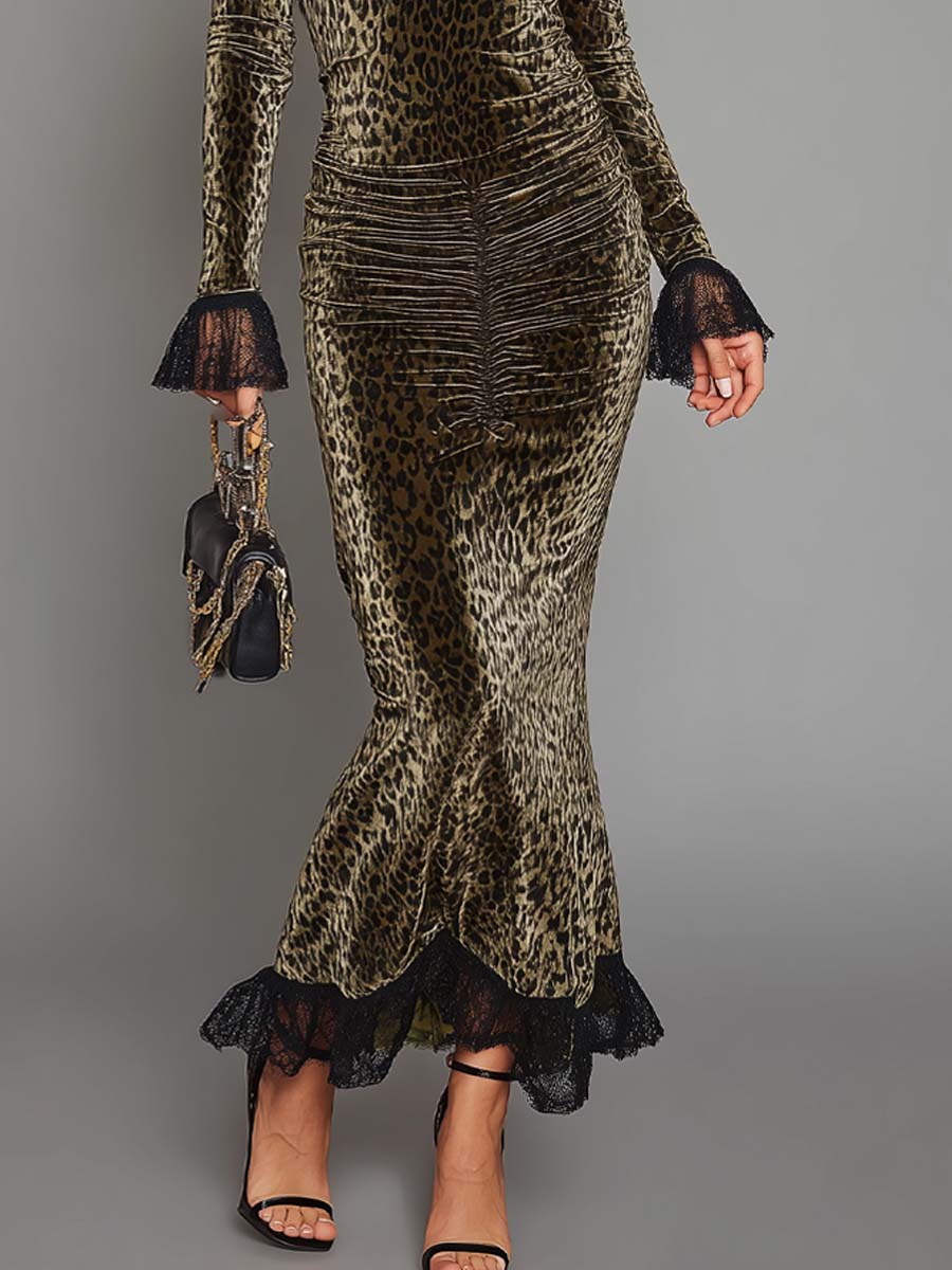 Vestido Maxi Verde Oliva Terciopelo Leopardo Vintage