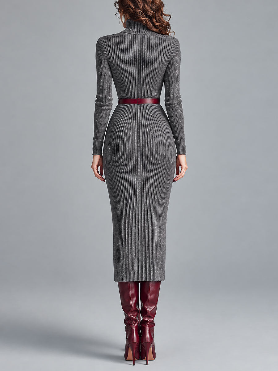 Vestido Midi Gris Punto Cuello Alto Cinturón