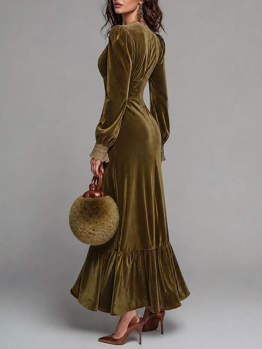 Vestido Maxi Verde Oliva Terciopelo Escote V Encaje