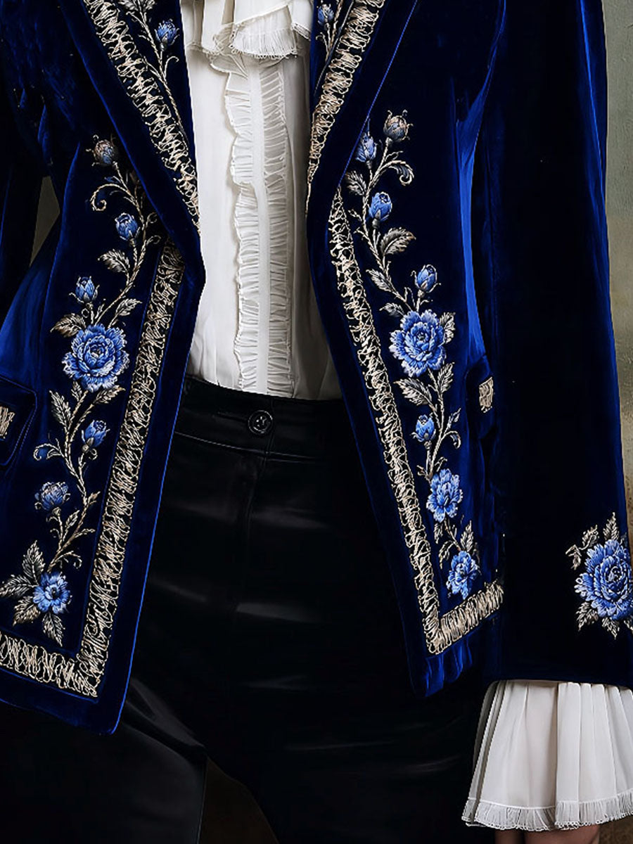Chaqueta Terciopelo Azul Rosas Bordadas