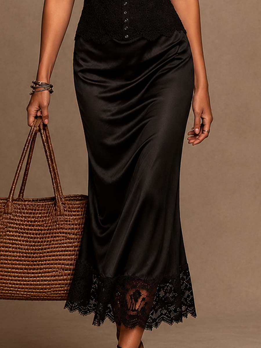 Vestido Midi Negro Cami Encaje Satén Vintage