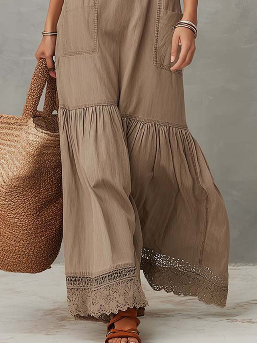 Vestido Maxi Caqui Algodón Sin Mangas