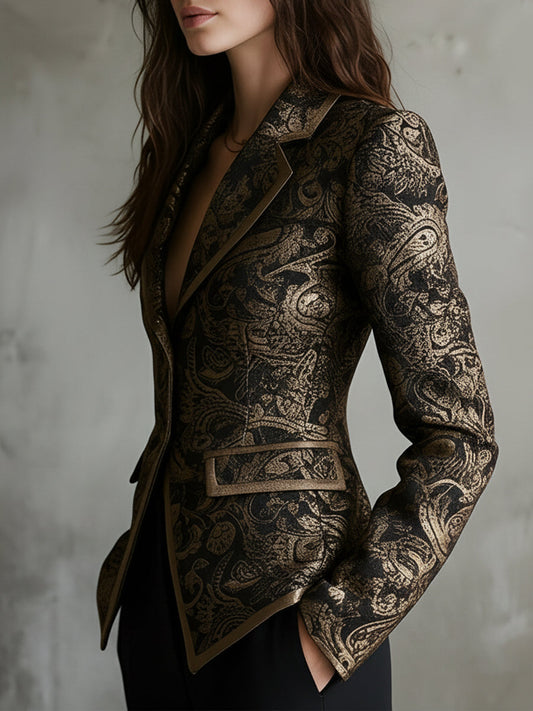 Blazer Negra Jacquard Paisley Solapa Cruzada
