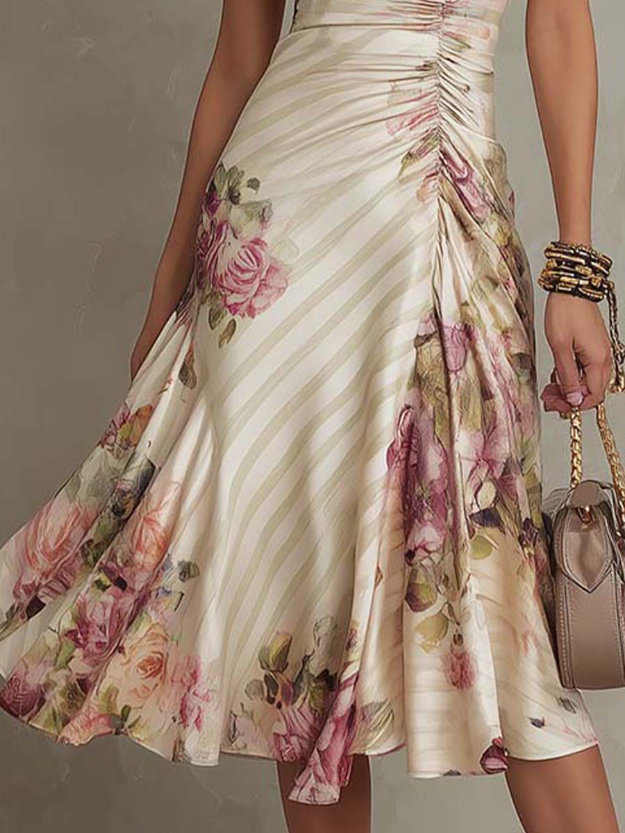 Vestido Midi Marfil Floral Chiffon Cruzado