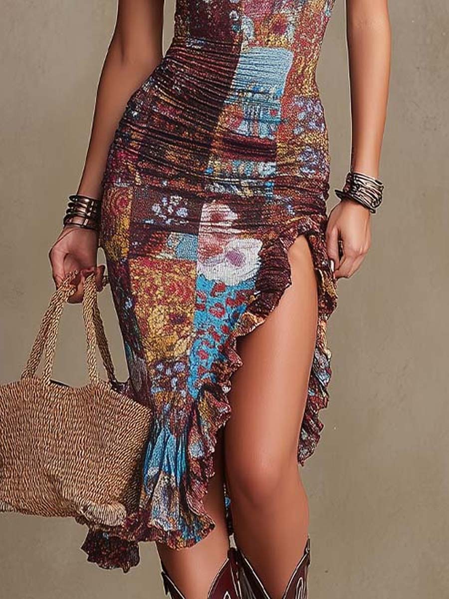 Vestido Midi Boho Rojo Teja Floral Volantes