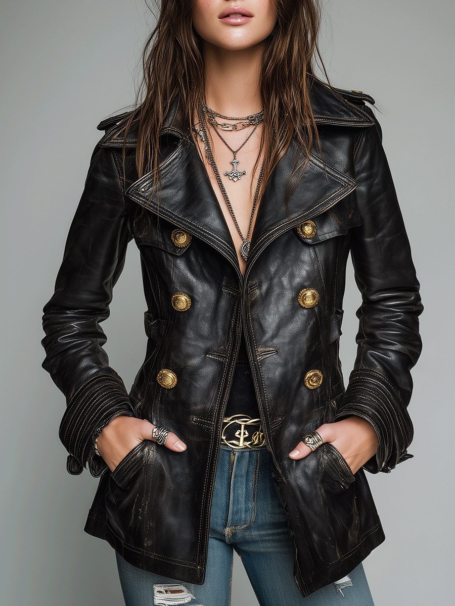 Chaqueta Piel Negra Cruzada Vintage