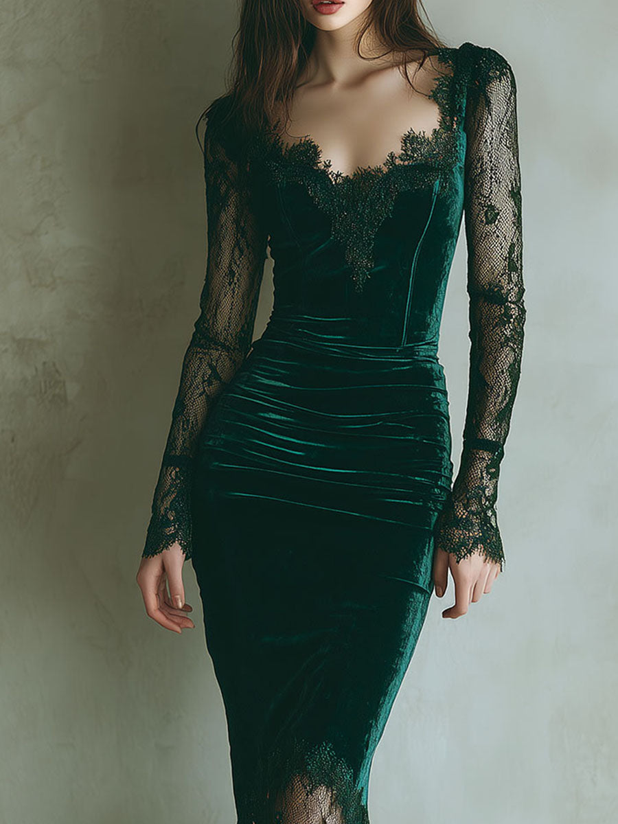 Vestido Midi Verde Terciopelo Mangas Largas Encaje