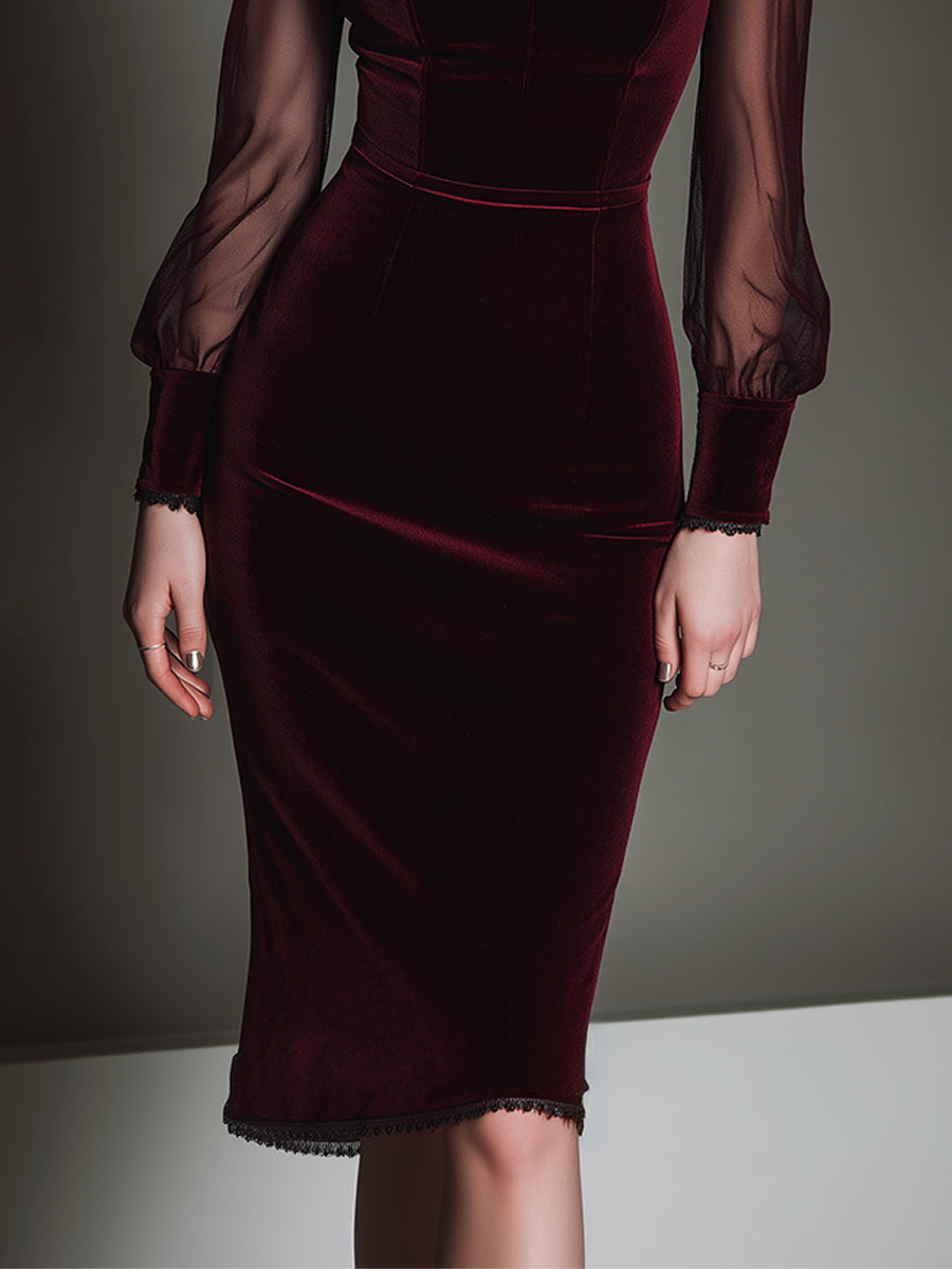 Vestido Midi Granate Malla Terciopelo Escote Corazón