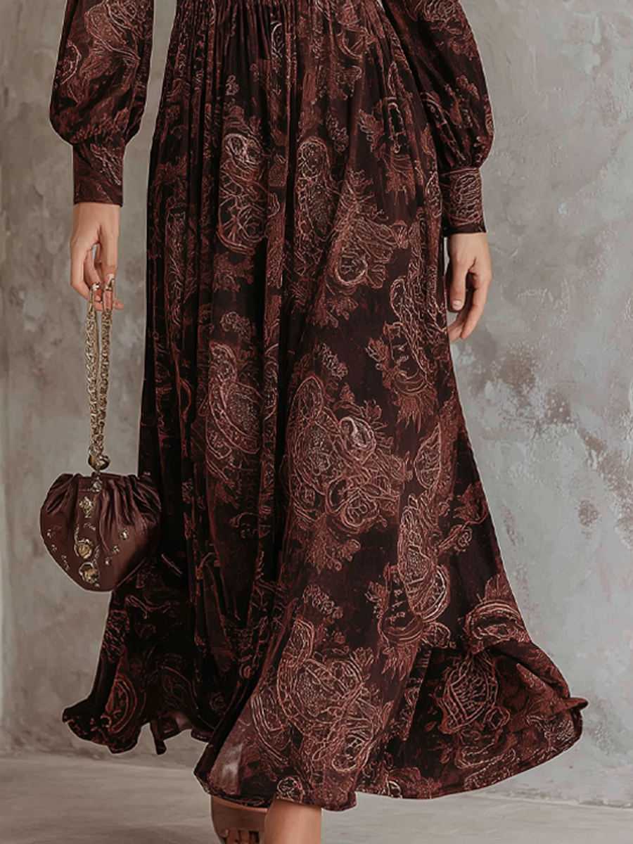 Vestido Midi Marrón Estampado Cachemira Cuello Cremallera