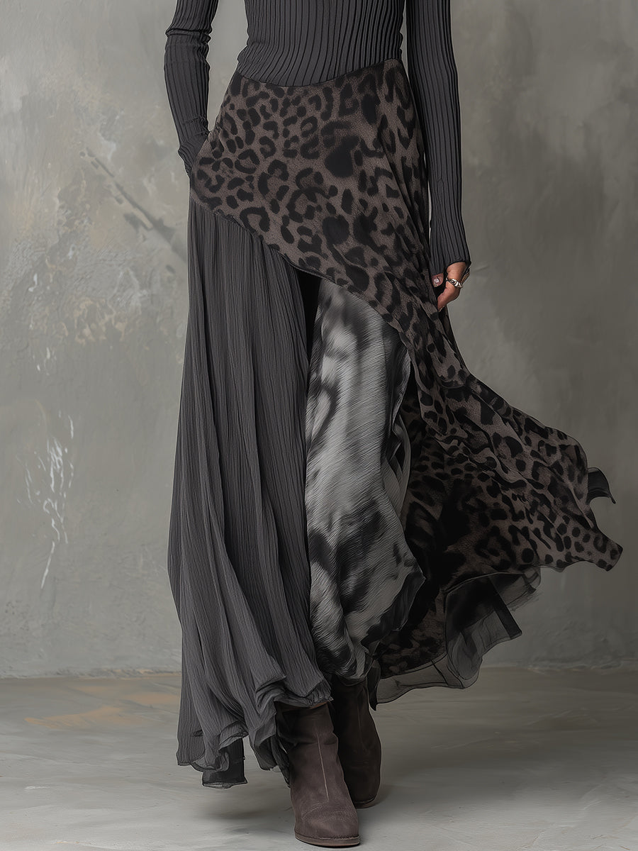 Vestido Maxi Gris Boho Rayas Leopardo Asimétrico