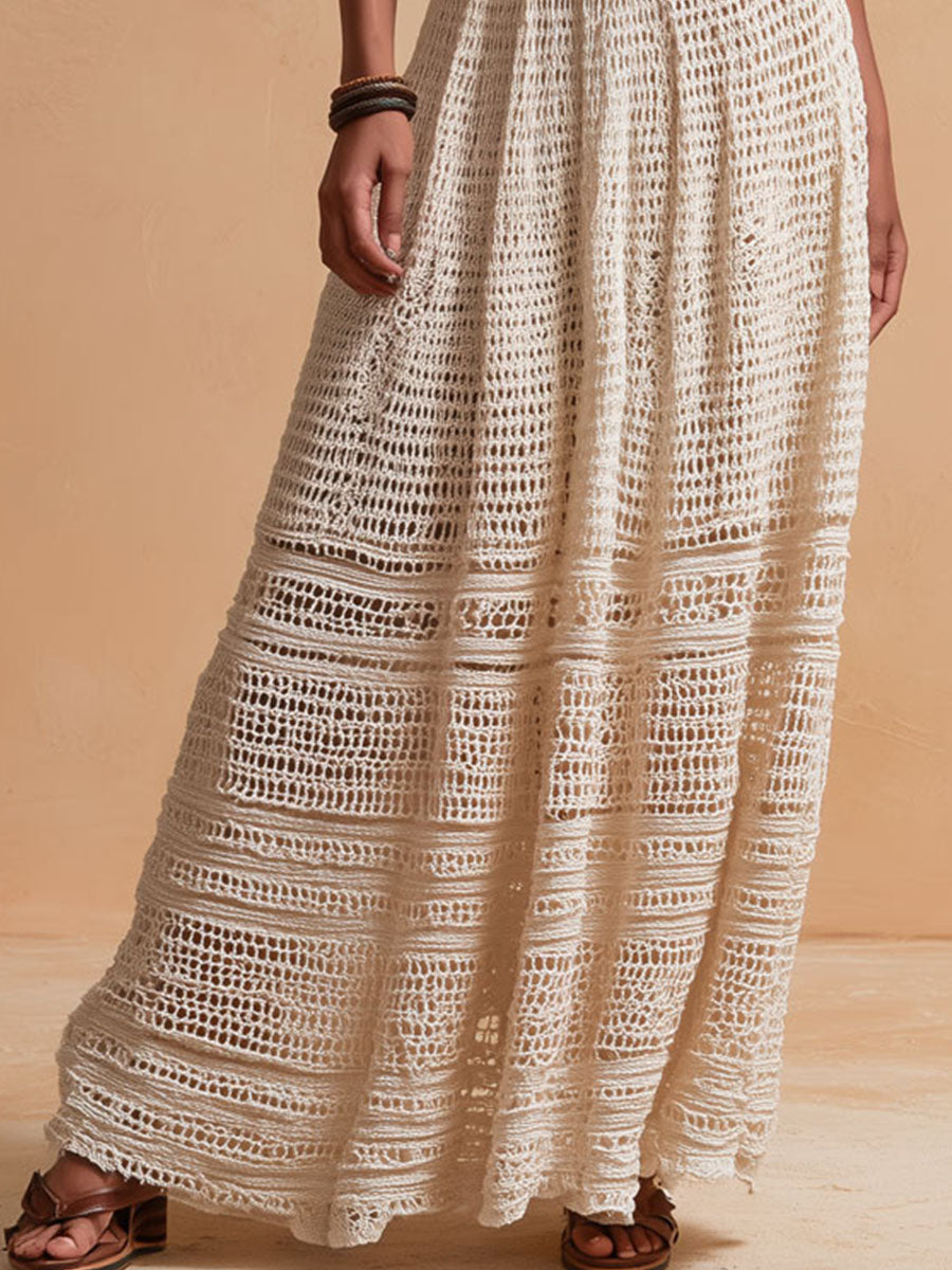 Vestido Maxi Marfil Crochet Halter Cinturón
