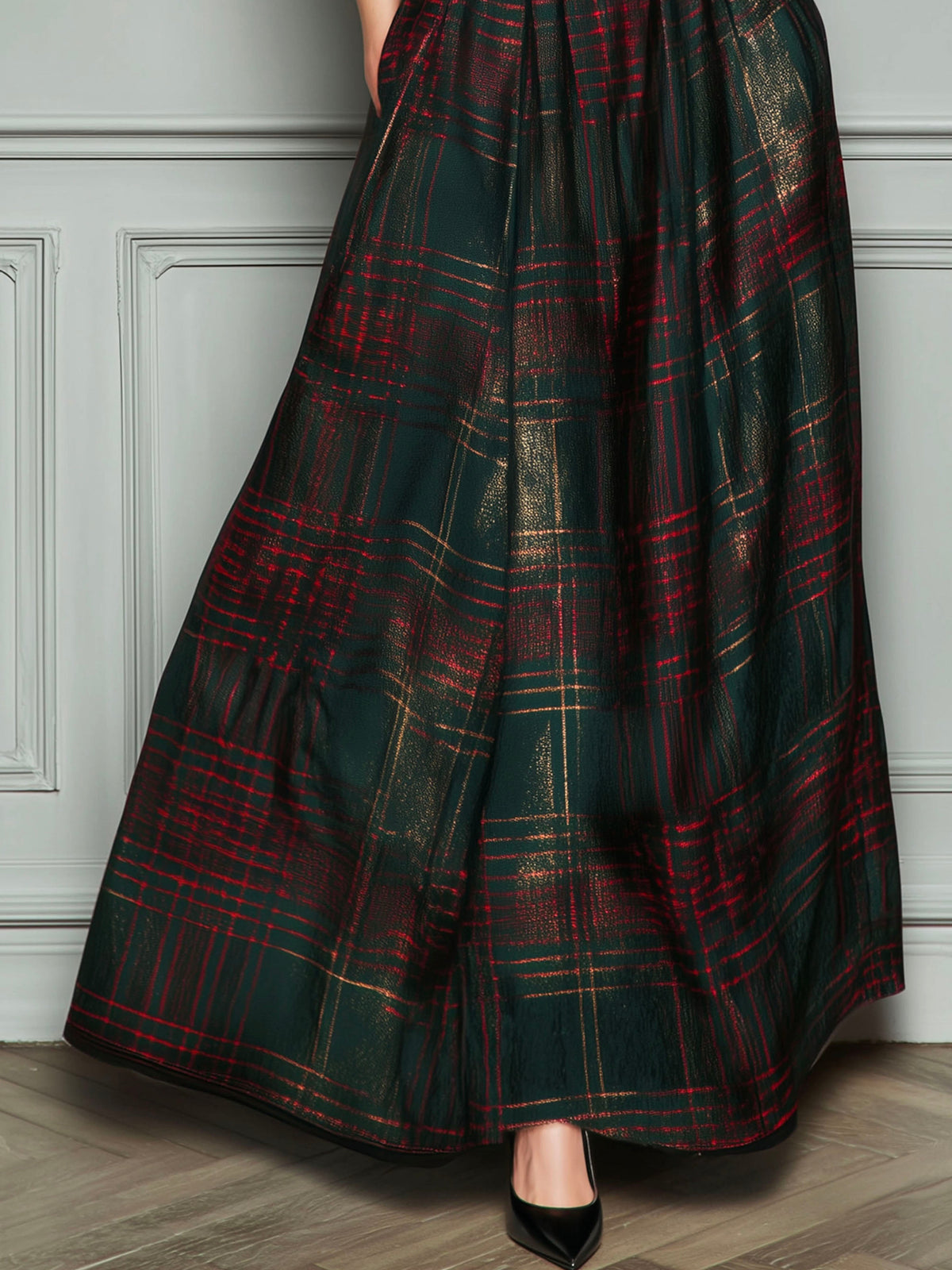 Vestido Maxi Negro Terciopelo Cuadros Falda Amplia