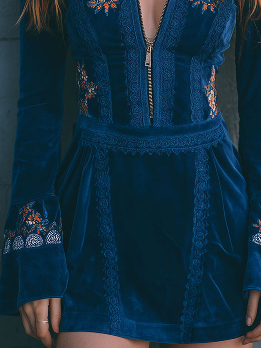 Vestido Mini Terciopelo Azul Bordado Cremallera