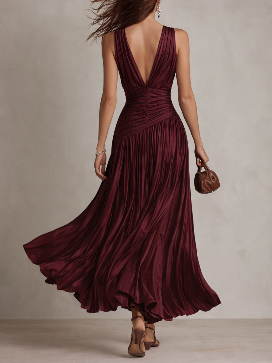 Vestido Maxi Granate Rayas Satén Plisado