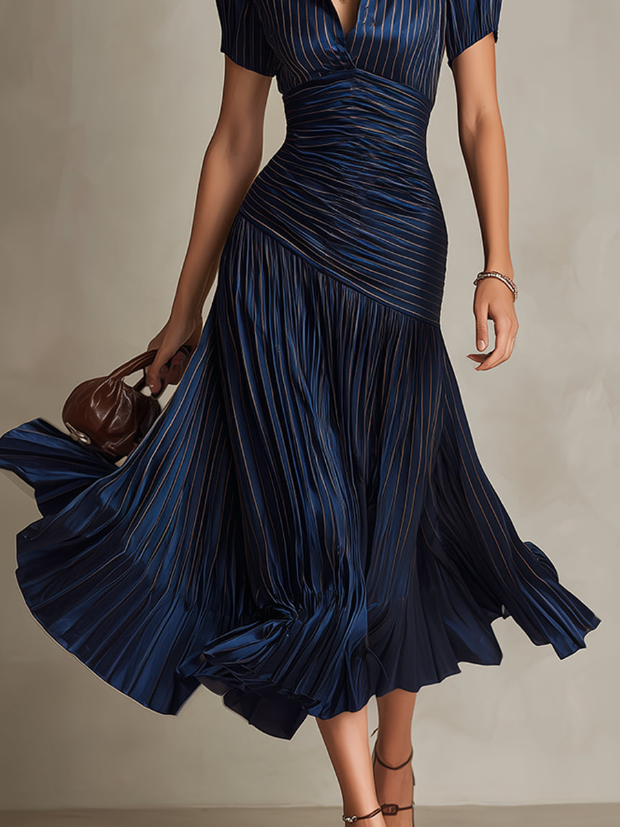 Vestido Midi Raya Retro Satén Plisado