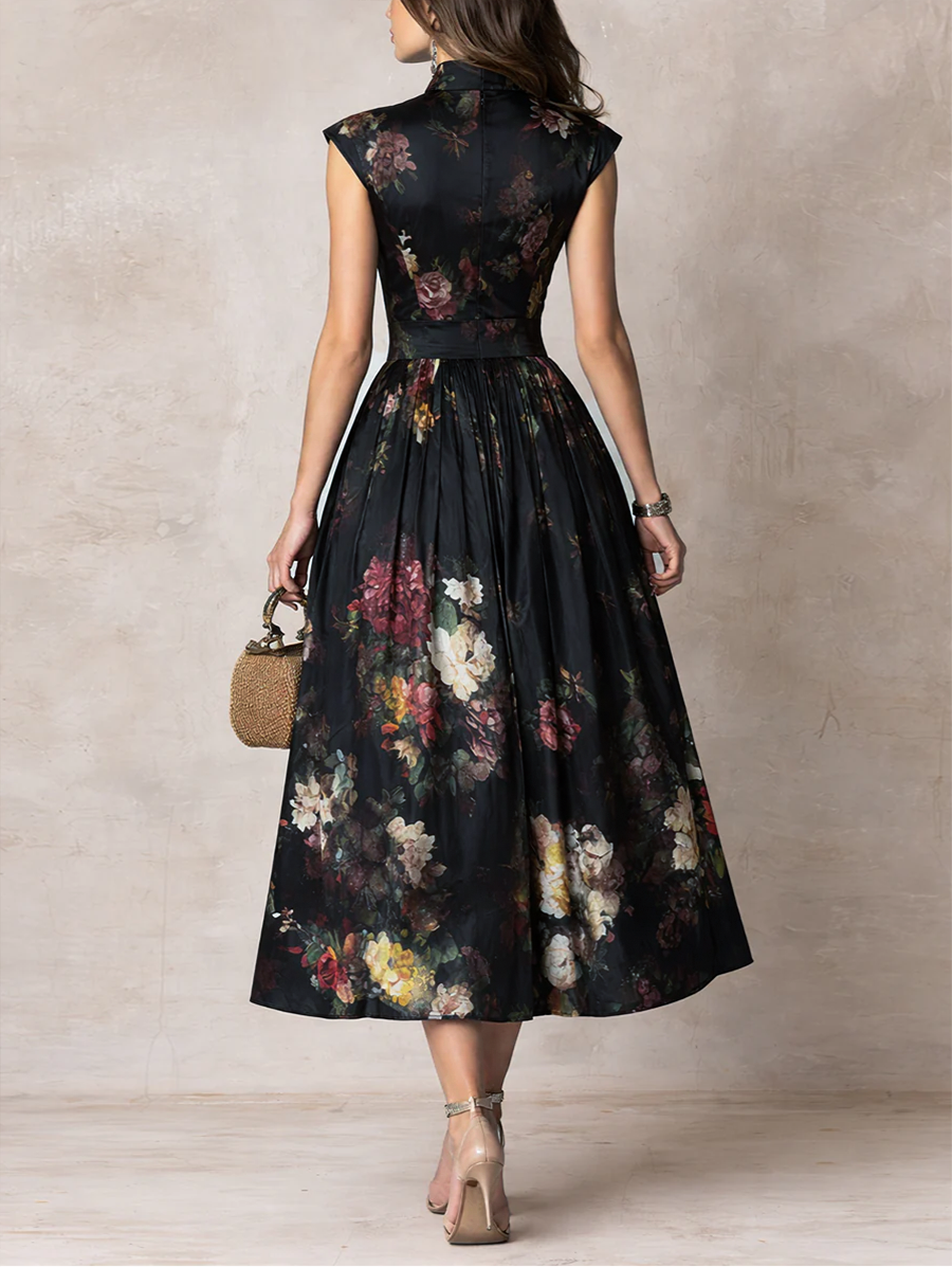 Vestido Midi Negro Satén Cuello Ojo Cerradura Plisado