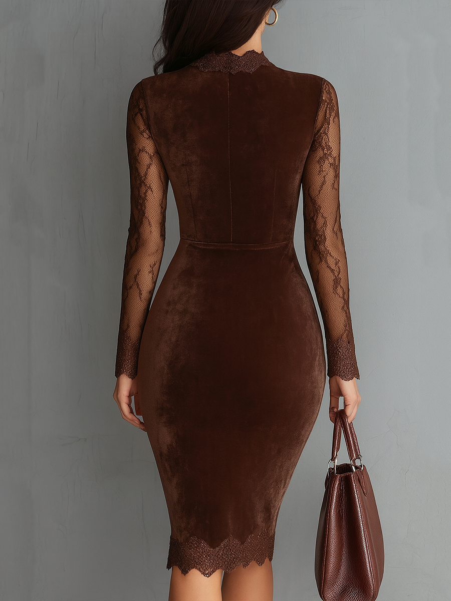 Vestido Mini Terciopelo Marrón Ojo Cerradura Encaje