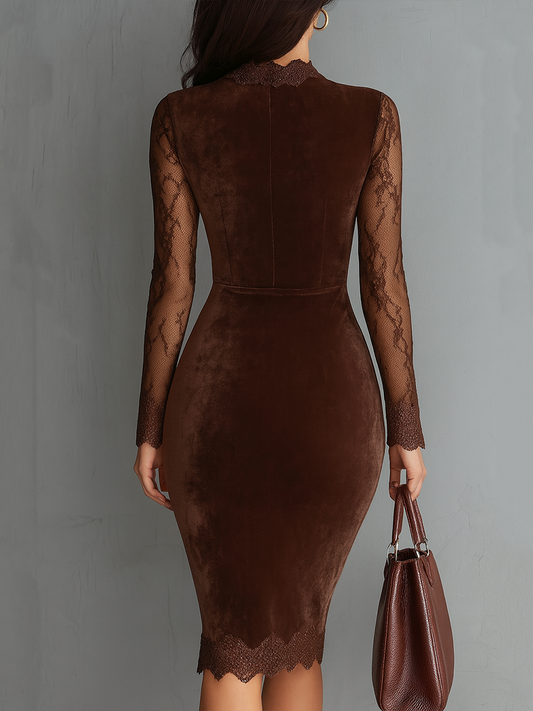 Vestido Mini Terciopelo Marrón Ojo Cerradura Encaje