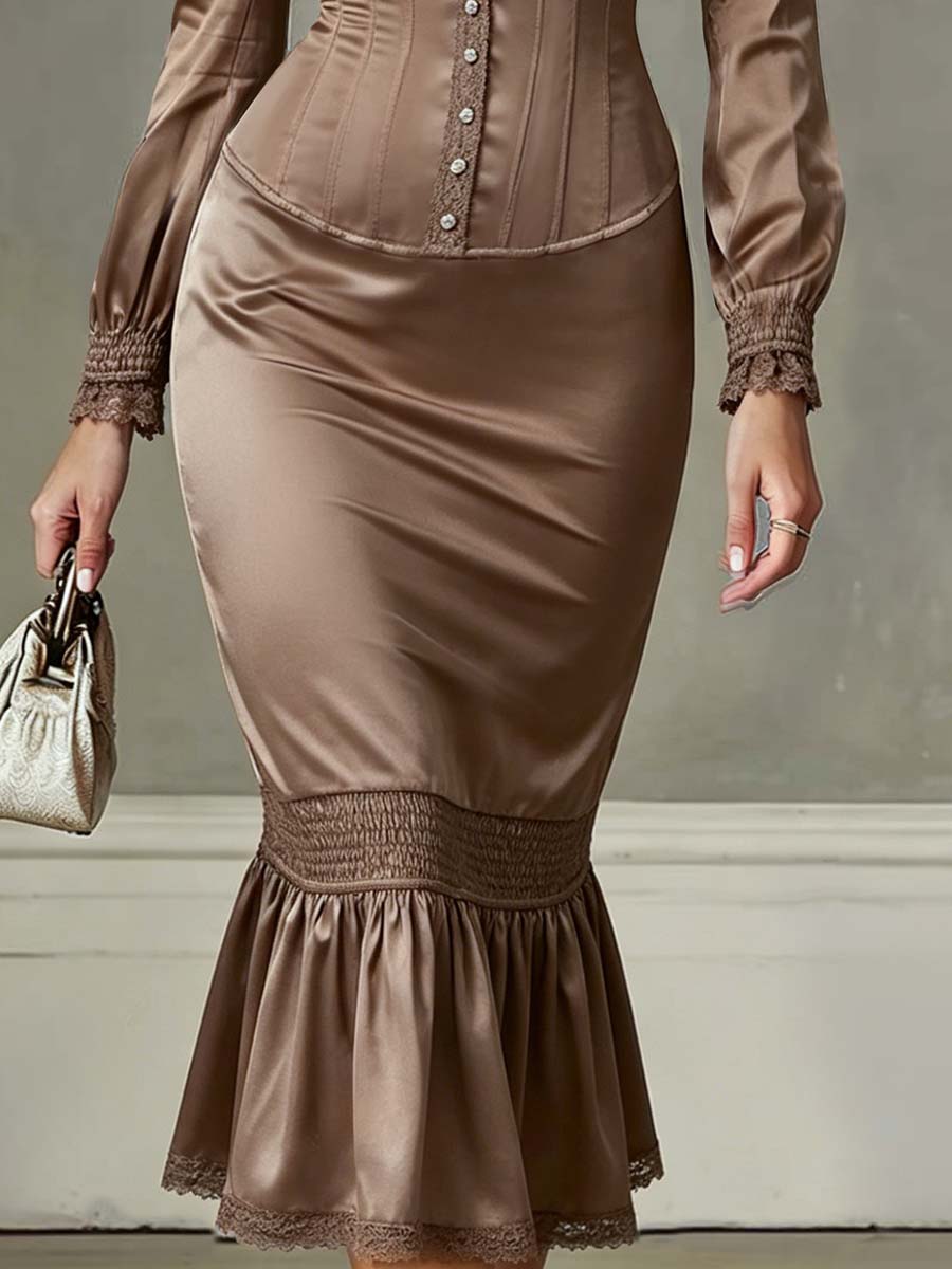 Vestido Midi Beige Moca Satén Encaje Volantes