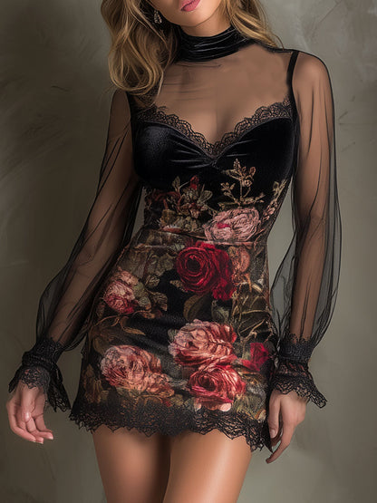 Vestido Mini Terciopelo Negro Rosas Malla Encaje