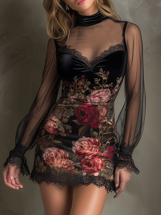 Vestido Mini Terciopelo Negro Rosas Malla Encaje