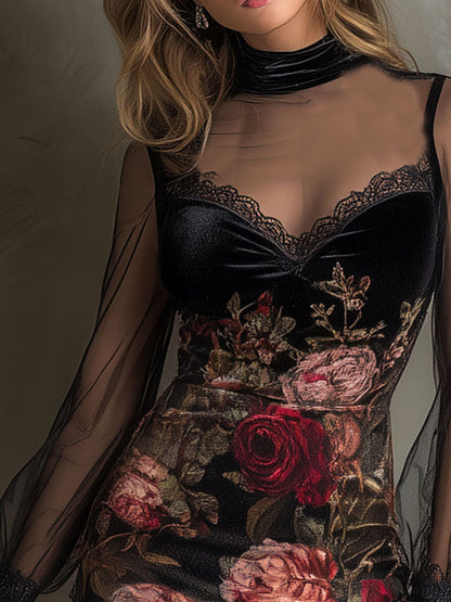 Vestido Mini Terciopelo Negro Rosas Malla Encaje