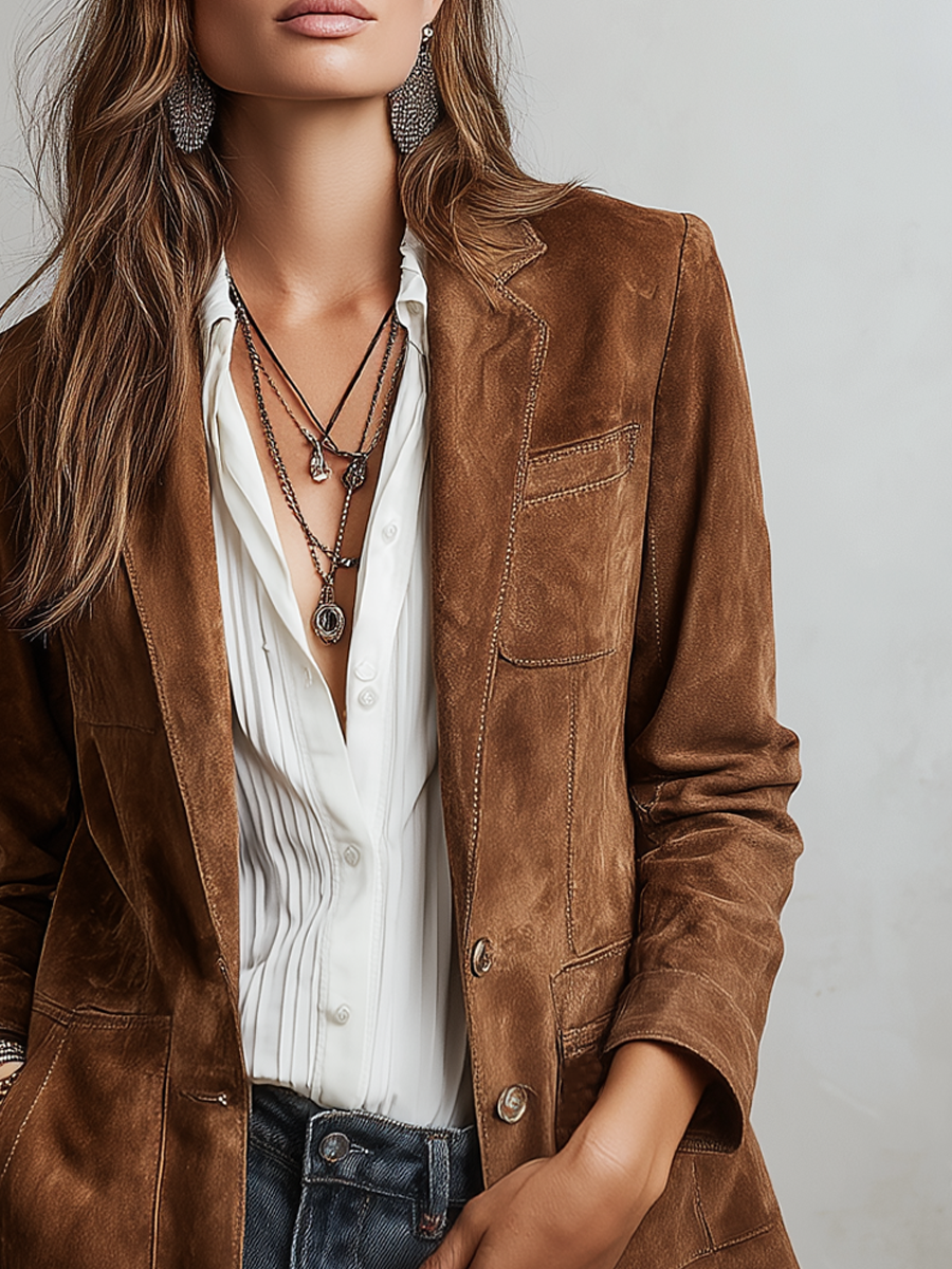 Chaqueta Ante Marrón Costuras Contraste